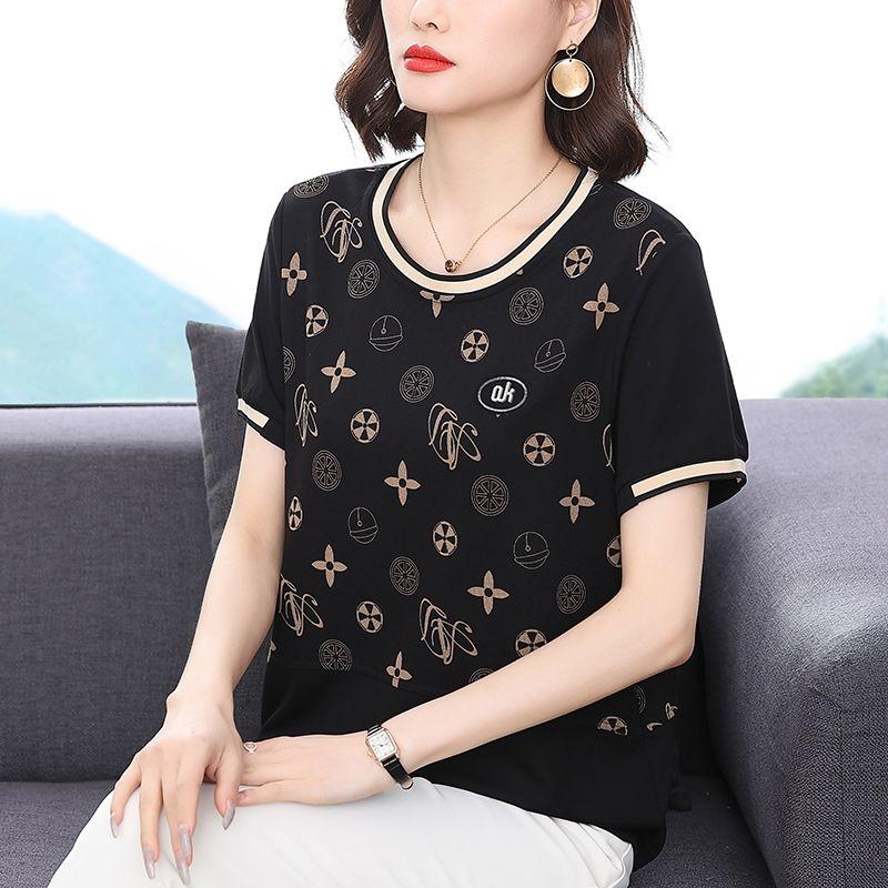 

Свободная футболка Платье для матери среднего возраста Универсальный приталенный черный топ с принтом с коротким рукавом Женская футболка 4XL чёрный