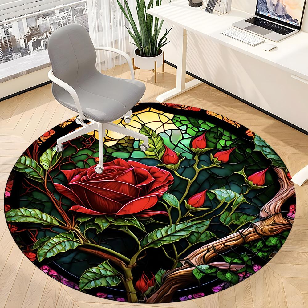 1pc Stained Glass Rose Chair Carpet for Office Non-Slip, Machine Washable Rug for Office - Holiday DecorMachine Made yy251029113