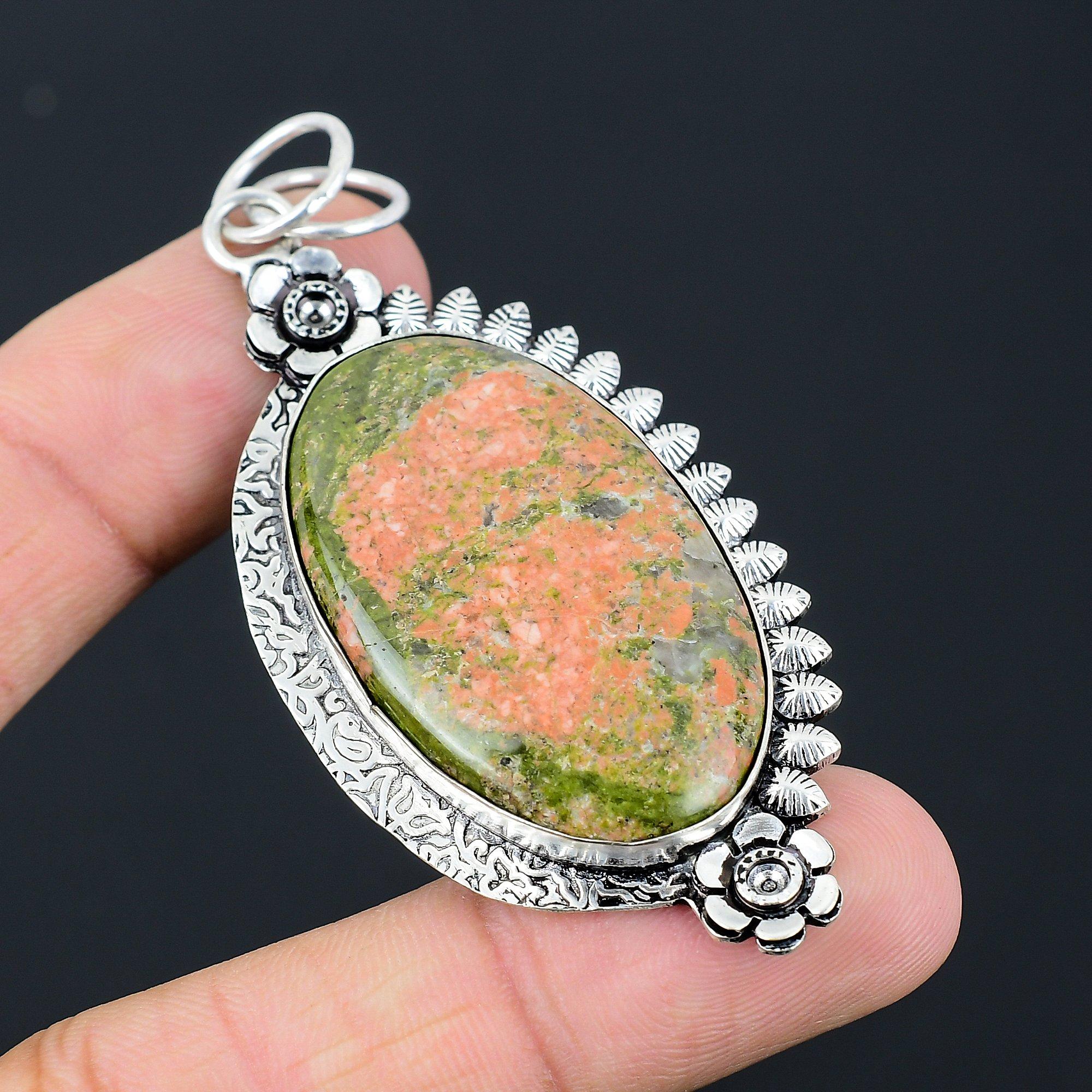 Daughters Day Sale Natural Unakite 925 Sterling Silver Flower Birthday Pendant