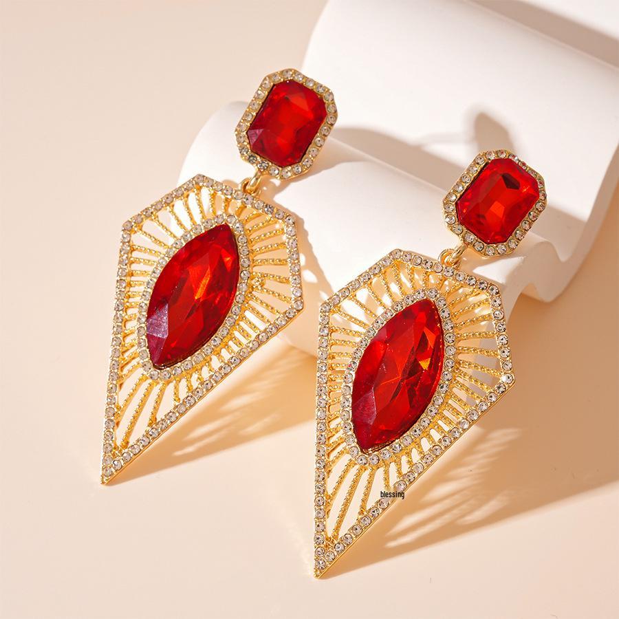 Retro Angkor Red Rhinestone Silver Geometric Earrings - Light Luxury High-End for Women