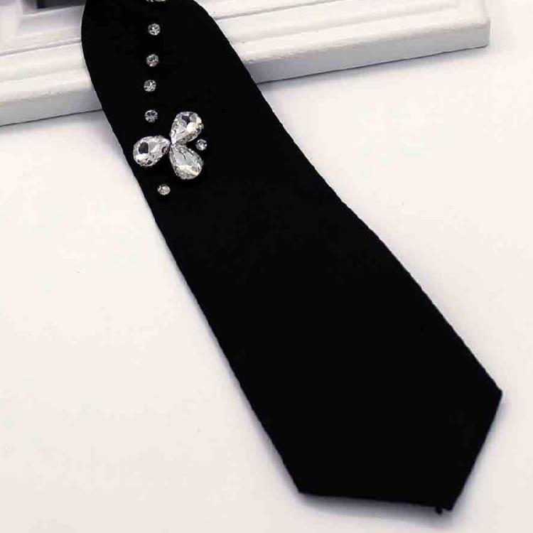 Rhinestones Embellished Necktie for Women Men Student Elegant Pre Tied Adjustable Black Ties for Uniform School Shirt