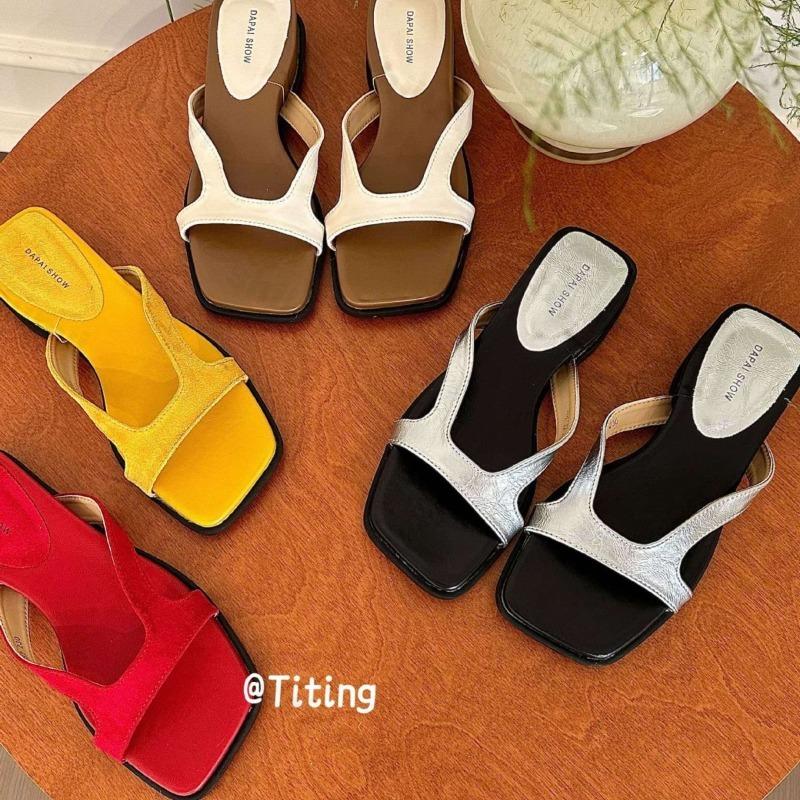Fashion Elegant Square Head Open Toes Casual Dragging for Women 2025 Summer New Fashion Comfortable Flat Slippers Outdoor Beach Sandals