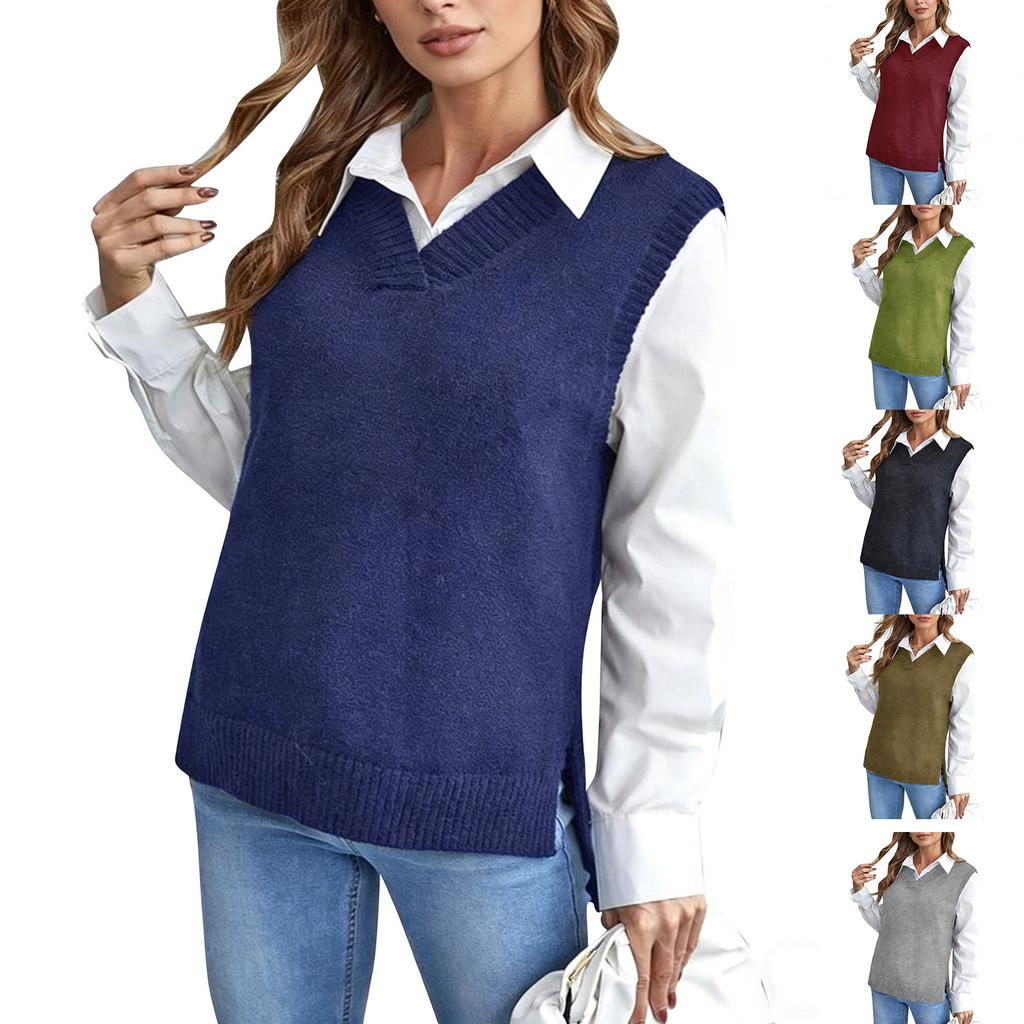 Women's Color Knitted Fashion Vest Casual V-neck Base Sweater