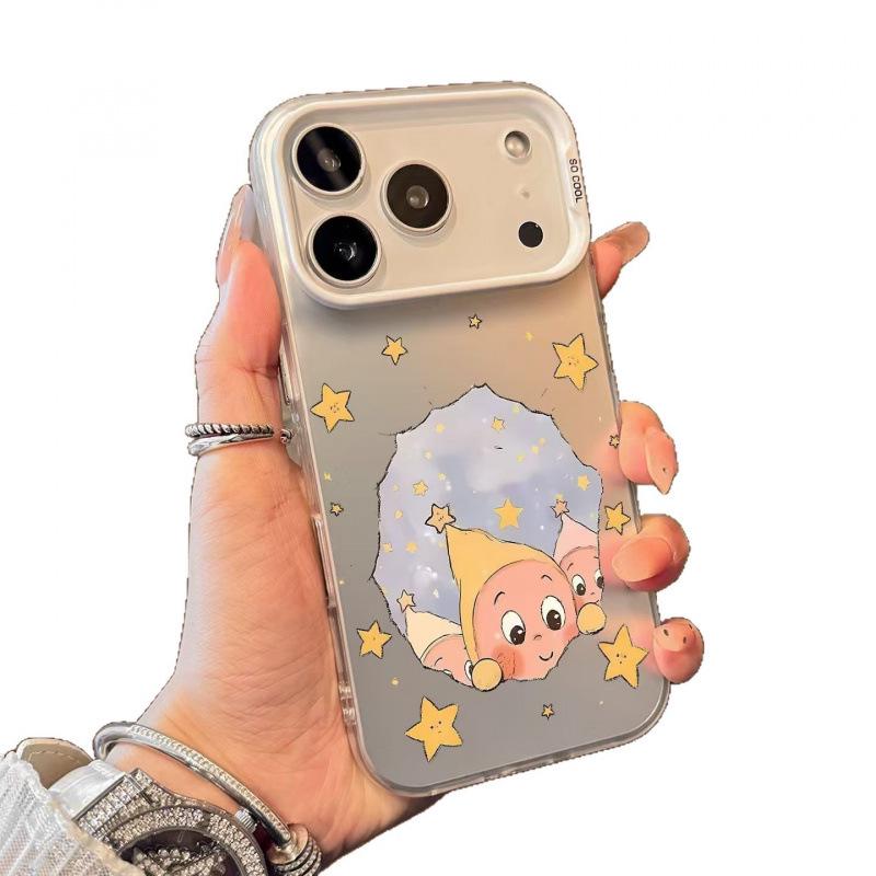 Silver Foil Star Cartoon Case for Apple 11/12/13/14/15/16/17 Pro and Pro Max
