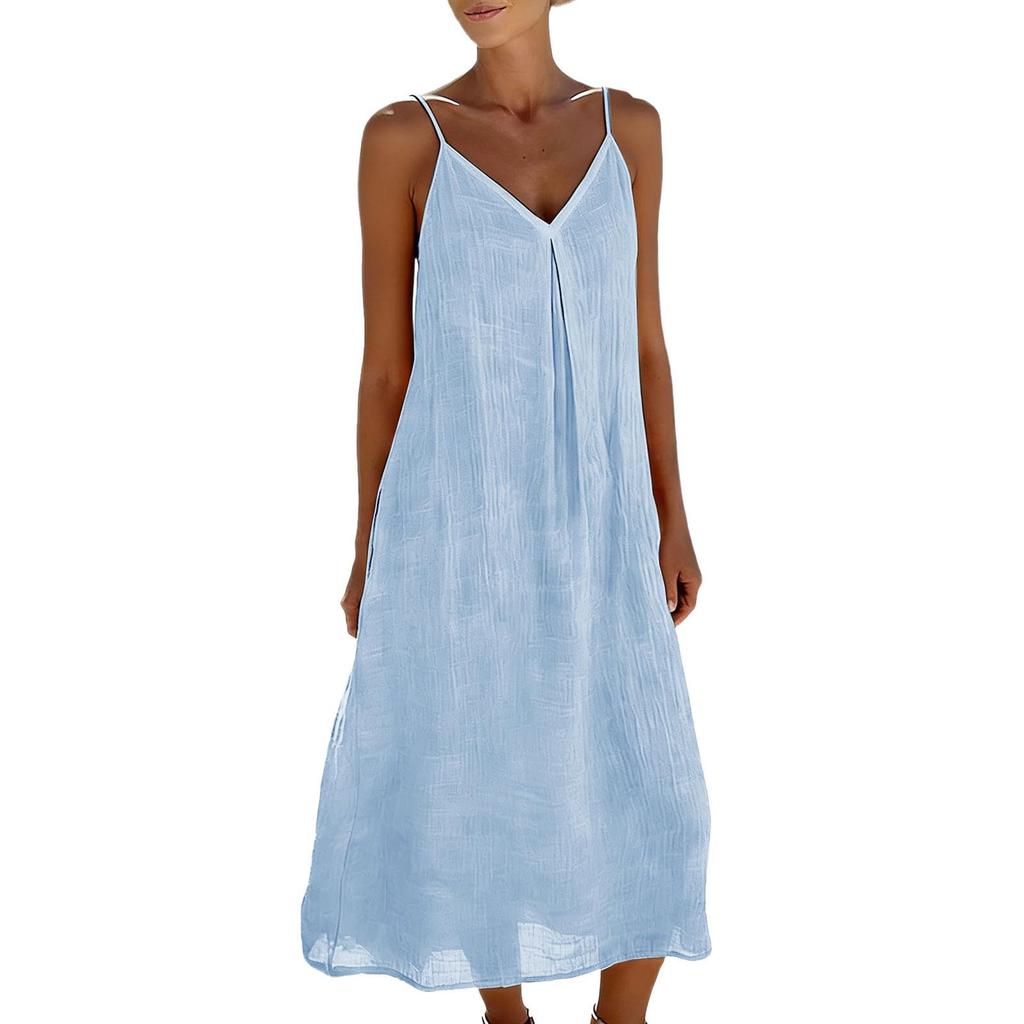 Women's Summer Fashion Strap Skirt Loose Fold V-neck Bohemian Vacation Beach Cotton Hemp Dress