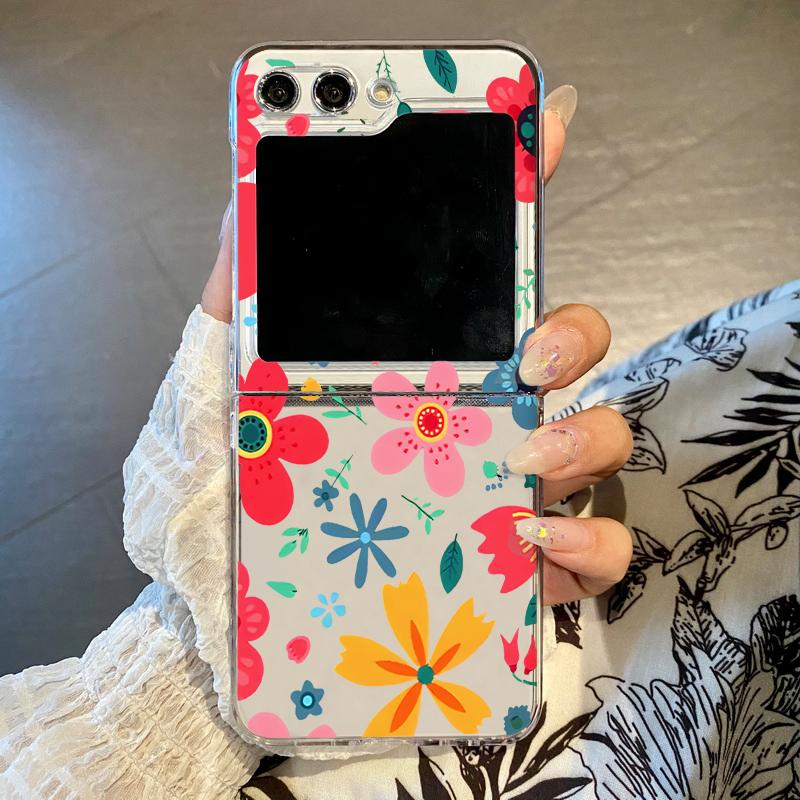 Romantic Floral Pattern Phone Case For Samsung Galaxy Z Flip 6 5 4 3 5G Folding Hard Clear Cover For Samsung Z Flip6 Flip4 Flip5