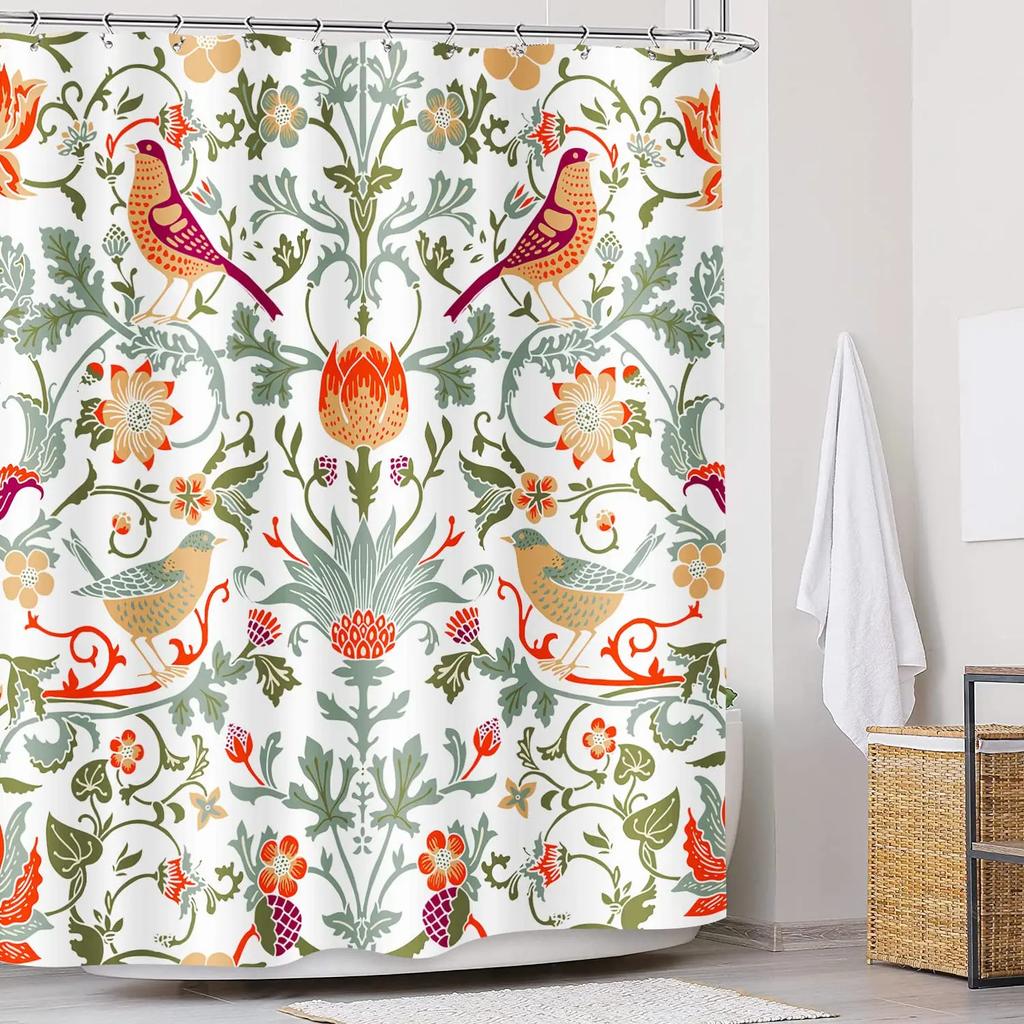 Vintage Garden Art Floral Shower Curtain, Heavy Weight Fabric, Washable Bath Curtains for Bathroom