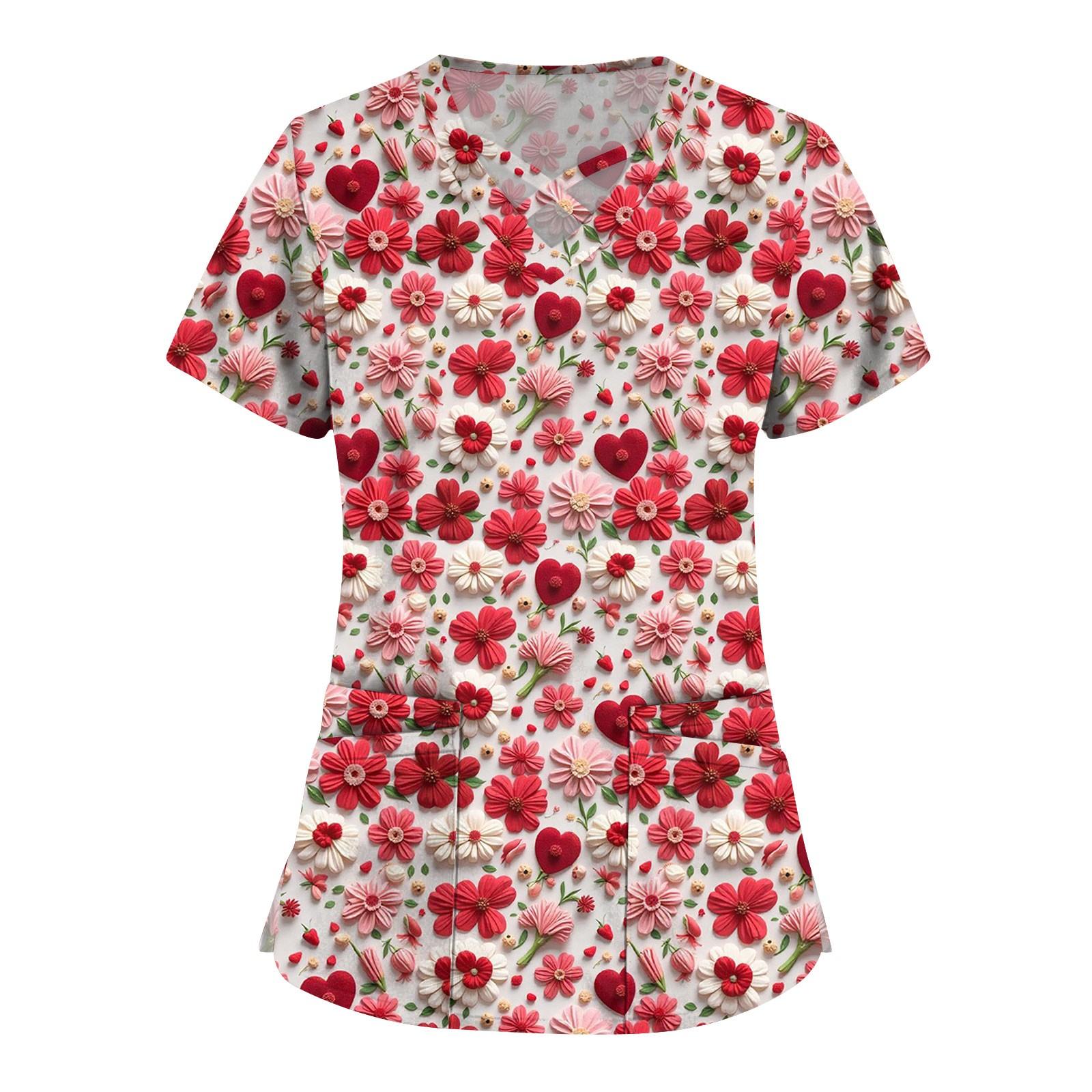 

Женская мода V-образный вырез ко Дню святого Валентина с принтом, короткими рукавами, маленькими карманами, рабочая одежда, топы L киноварь