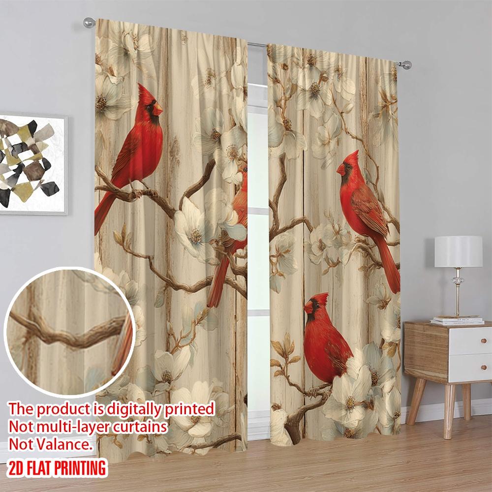 2pcs,2D Plane Printing Popular Curtain Panels Cardinal Symphony Versatile Polyester Fabric (without Rod) All Seasons for