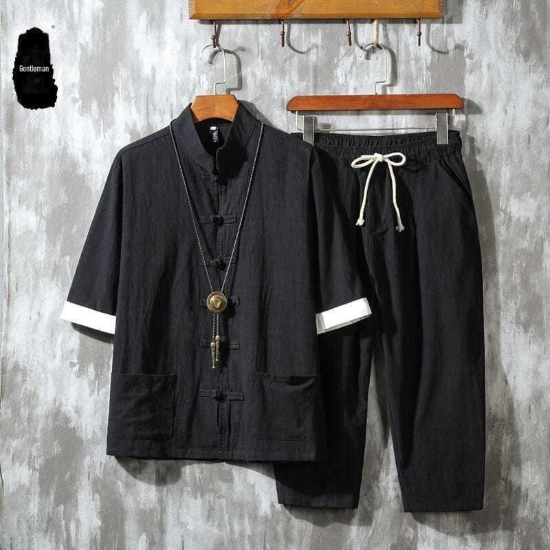 

Мужской летний китайский льняной костюм: Куртка в стиле ретро Ханьфу Тан с рукавом три четверти XL 130-145 jin