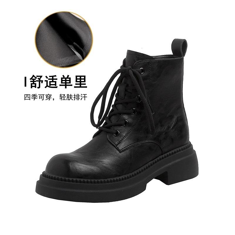 Autumn and winter new Martin boots women s leather round head platform retro British style brown Maillard lace-up short boots 34