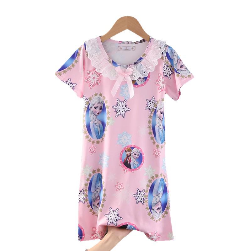 Girls' Summer Princess Lace Pajamas - Frozen Cartoon Nightgown with Short Sleeves KPOP Style Homewear