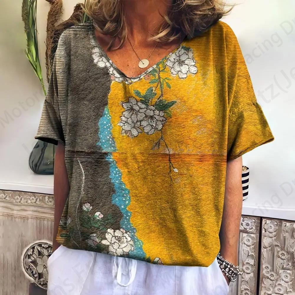 

Летние винтажные женские футболки с 3d цветочным принтом, женская модная футболка с v-образным вырезом, футболка большого размера, женская одежда, аниме Y2K 8XL