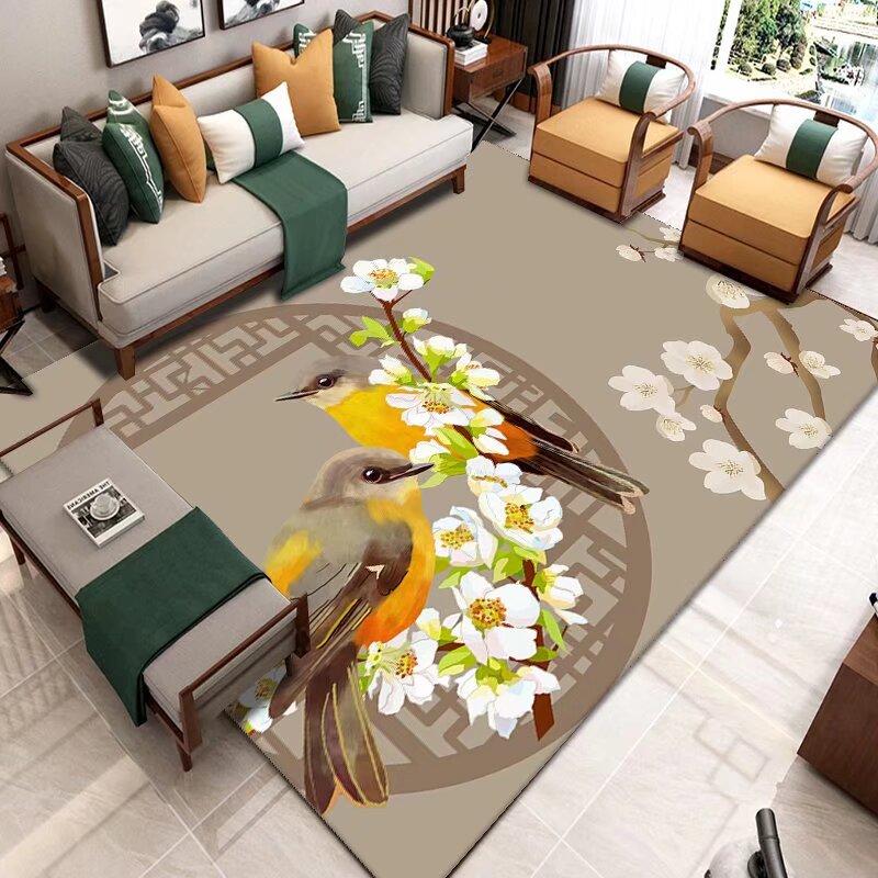 Chinese Style Living Room Rug with Flower Bird Painting Pattern Carpet Lounge Soft Carpet Waterproof Anti-slip Customizable