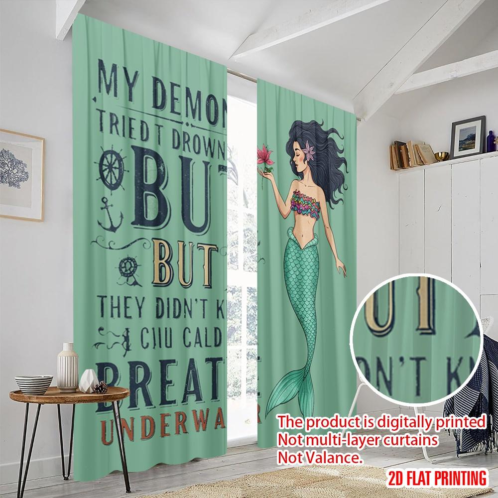 2 Stück 2D Flachdruck Vorhänge Meerjungfrau Atmen Unterwasser Ozean Polyester Ohne Strom Festliche Wanddekoration Für Partys