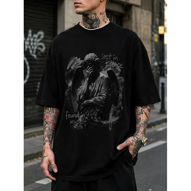 Men s Oversized Black Cotton Tee with Angel Statue Graphic, Short Sleeve Crewneck Streetwear for Casual Daily Wear S