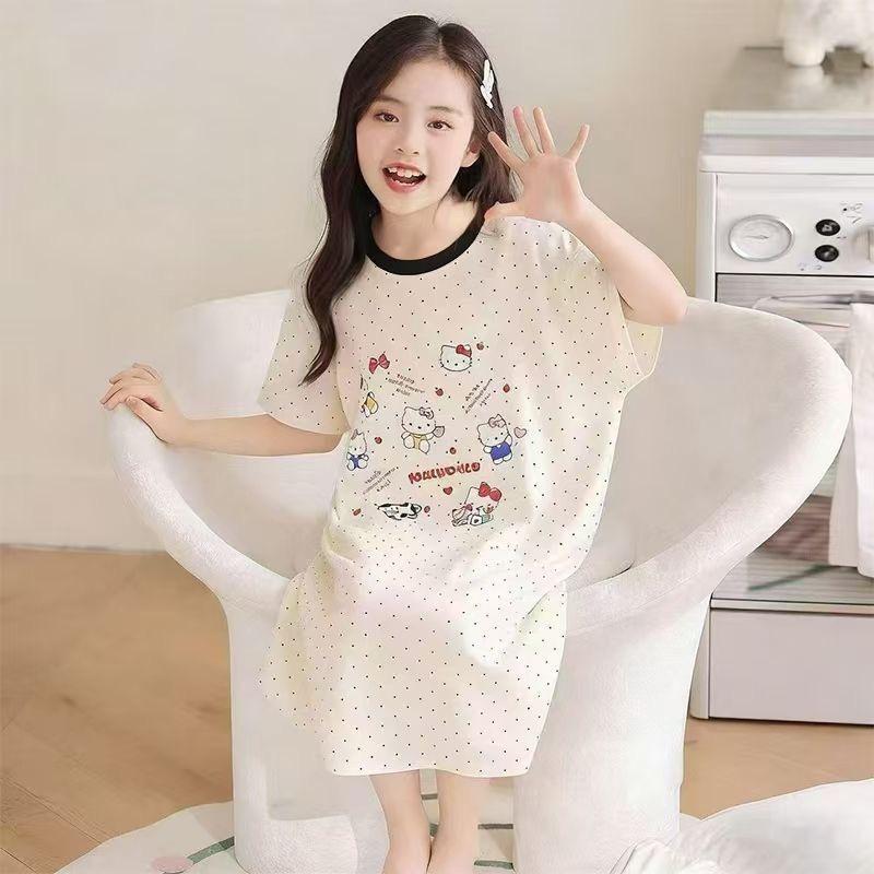 Cartoon Style Girls' One-Piece Summer Nightgown - Thin, Cute, Soft for Medium/Older Kids, Ideal for Home Air Conditioning.