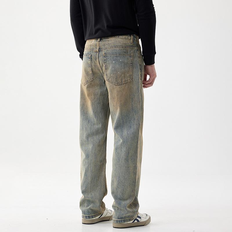 Nostalgic straight jeans loose fashion splash paint tide brand high street American autumn and winter new retro yellow mud pants