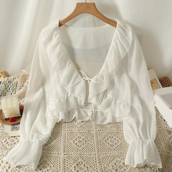 Cardigan in chiffon con scollo a V, lacci, camicia leggera, colore unito, bordo con volant, estivo, sottile, protezione solare, da indossare tutti i giorni