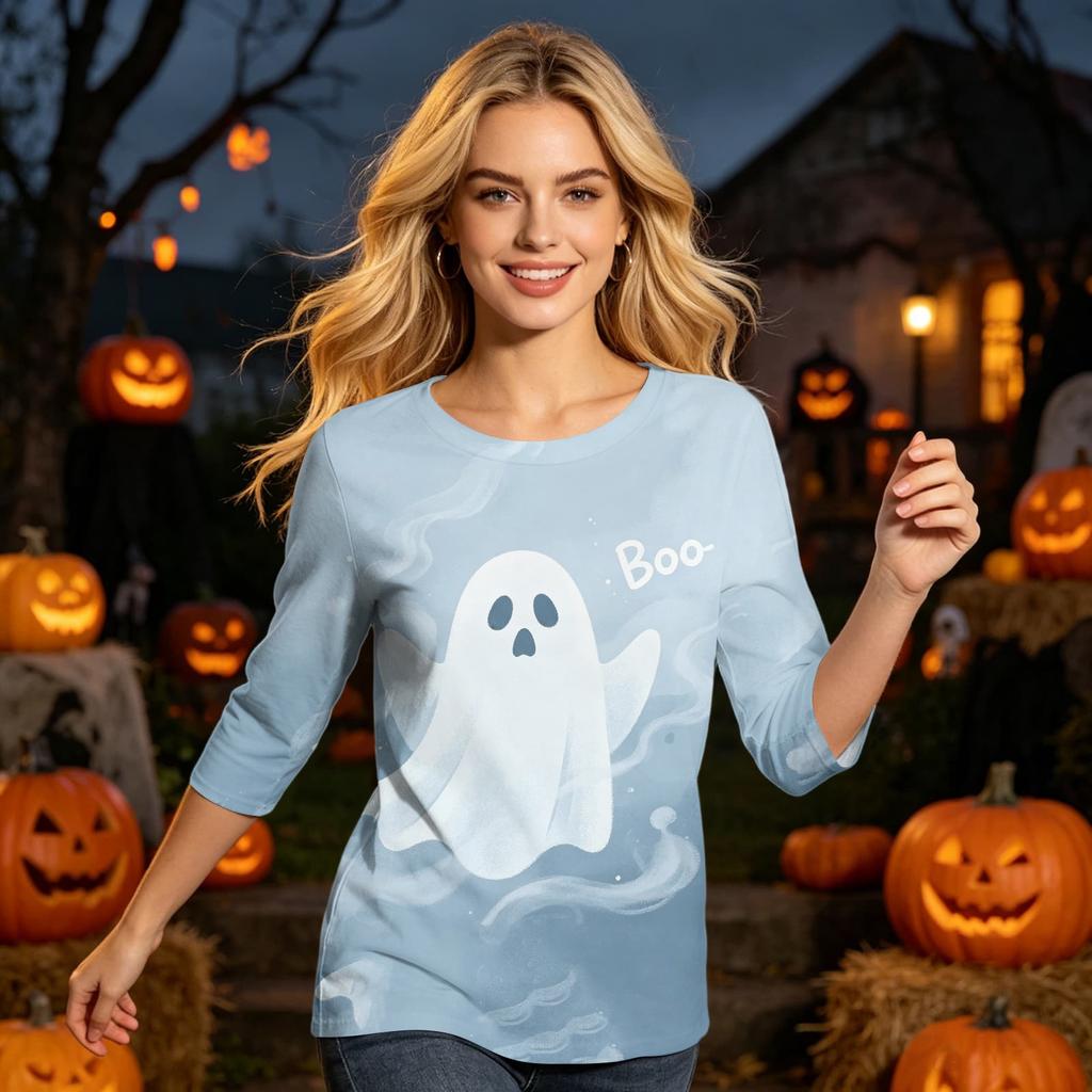 Women's Casual 3/4 Sleeve Halloween Print Round Neck Top Lightweight Loose Fit Pullover Shirt for Everyday Wear
