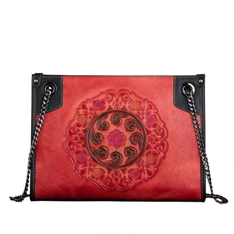 

Johnature Ретро ручная работа с тиснением женская сумка первый слой коровьей кожи сумки на плечо Роскошная женская сумка-мессенджер с цветочным принтом красный