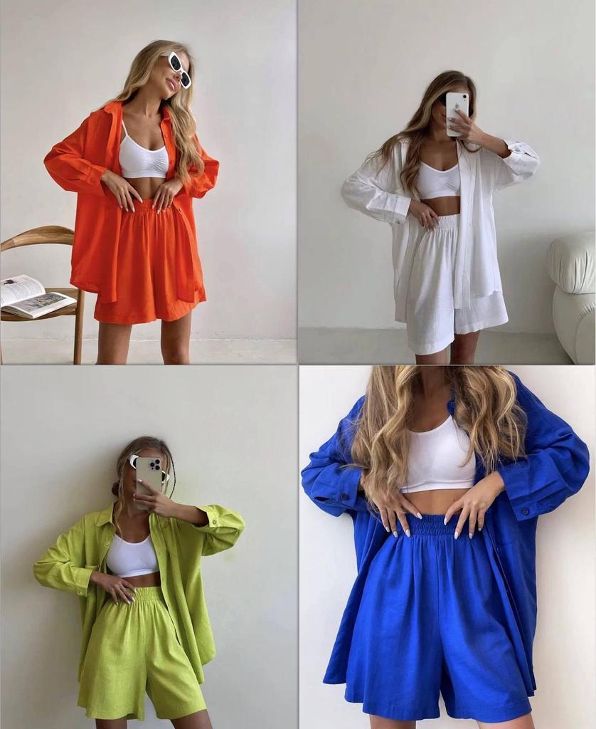 Plus Size Women’s Long Sleeve Shirt & Shorts Two-Piece Set