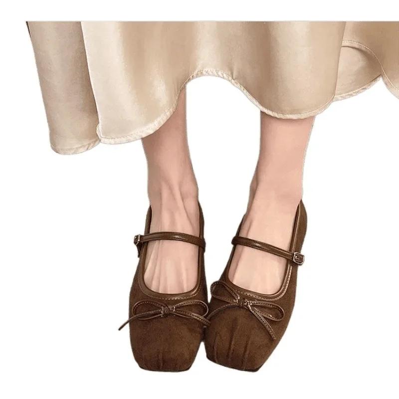 French Butterfly Knot Slip-On Mary Jane Ballet Flats Women's Spring New Flat Heel Shoes Simple Round Toe Rubber Outsole