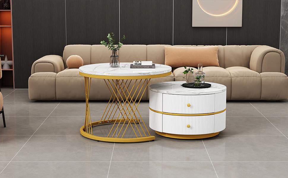 Elegant 2-Piece White Coffee Table Set, Nesting Shape, 60*60*46cm & 50*50*30.8cm, Marble Look, 2 Drawers, Load Capacity up to 30kg