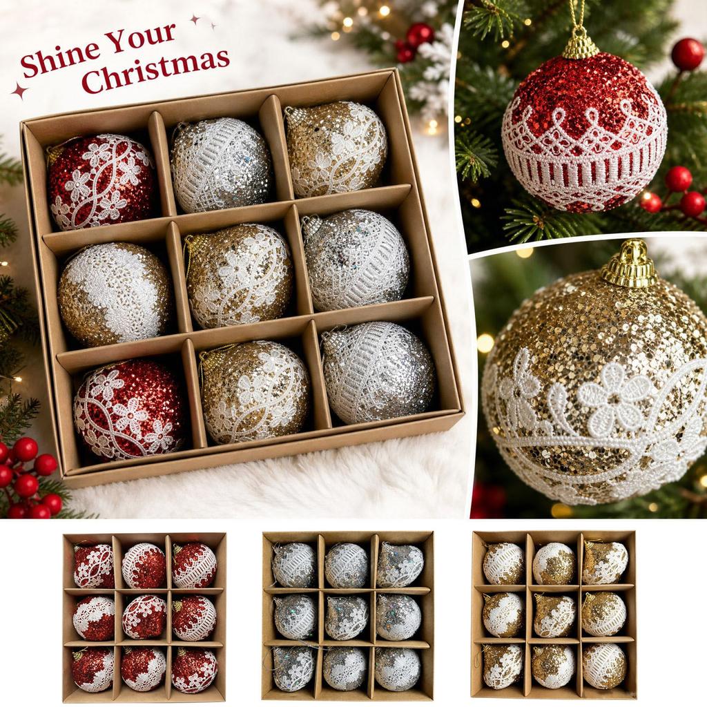 Weihnachtskugel-Schmuck-Set Baumdekorationen mit Spitze Glitzer Pailletten unregelmäßig geformte Kugeln für Weihnachtsbaum Feiertagsparty Dekoration