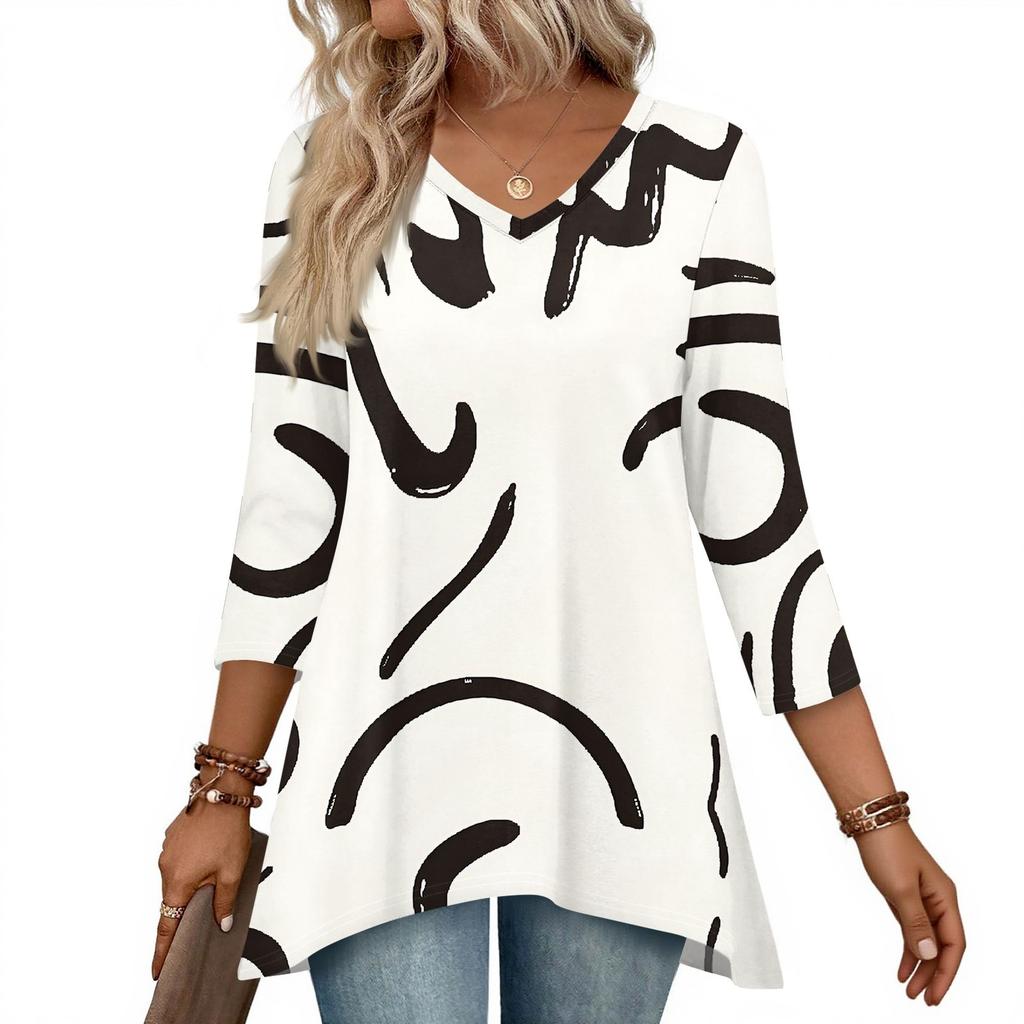 Dámské topy s výstřihem do V a 3/4 rukávem, ležérní košile střední délky, módní tuniky s potiskem