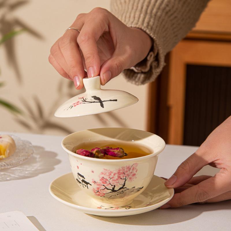 Peach Blossom Cover Bowl Kung Fu Tea Cover Bowl Tea Office Tea Cup Ceramic Single Flower Tea Bowl Gift Souvenir