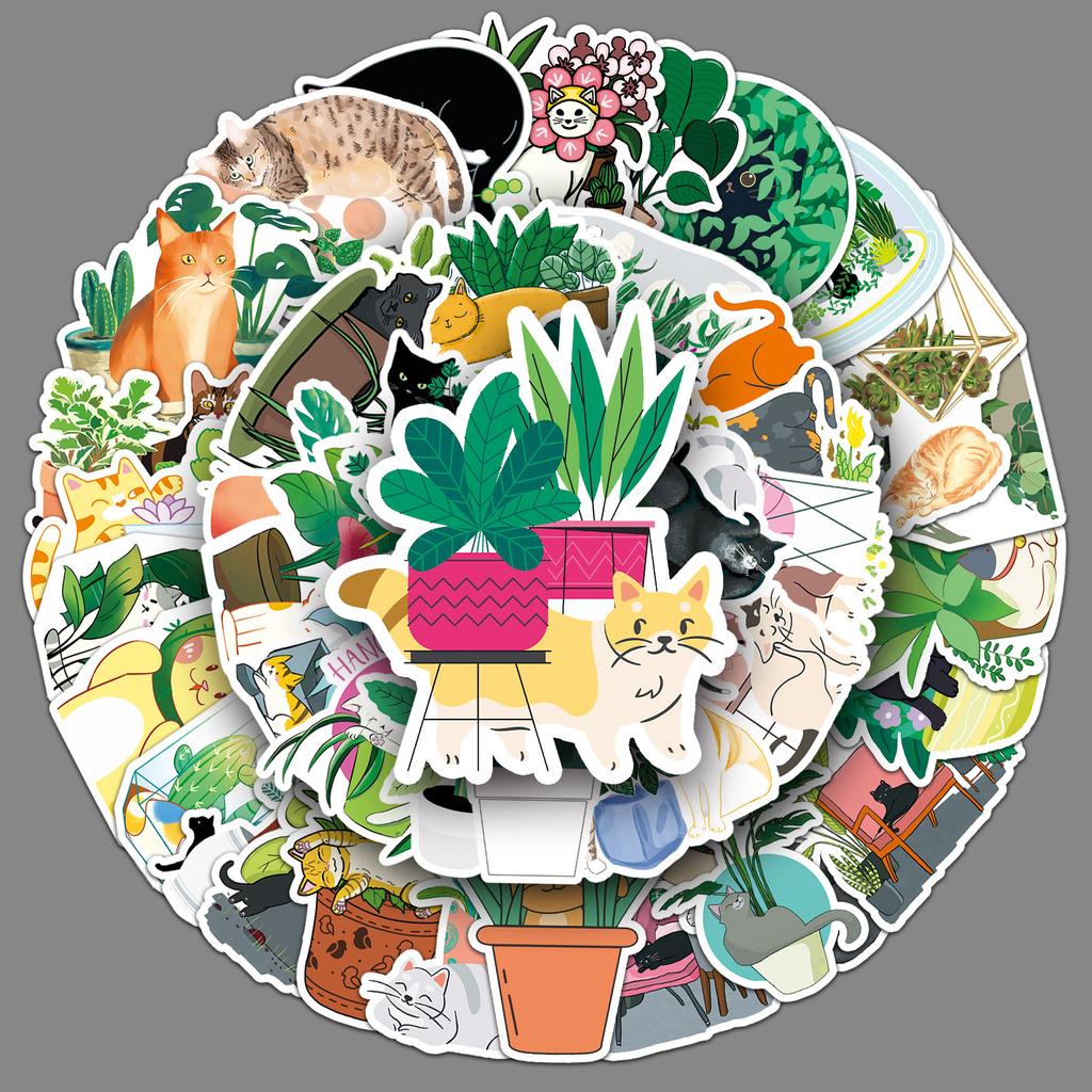 50 Cats and Plants Doodles Personalized Small Fresh Plants Children's DIY Water Cup Suitcase Stickers Waterproof