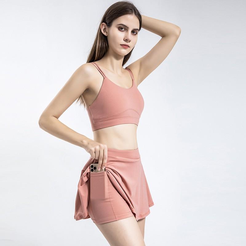 Womens Yoga Tennis Workout Set With Sports Bra Skort Shorts - Breathable Stretch Fitness Outfit Running Gym