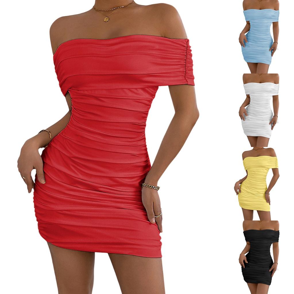 Women's Fashionable Summer Mid-rise Solid Color One-shoulder Pleated Hip Wrap Dress