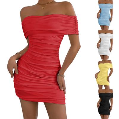 Modisches Sommer-Midikleid für Damen, einfarbig, ein Schulterträger, gefaltet, Hüftwickelkleid