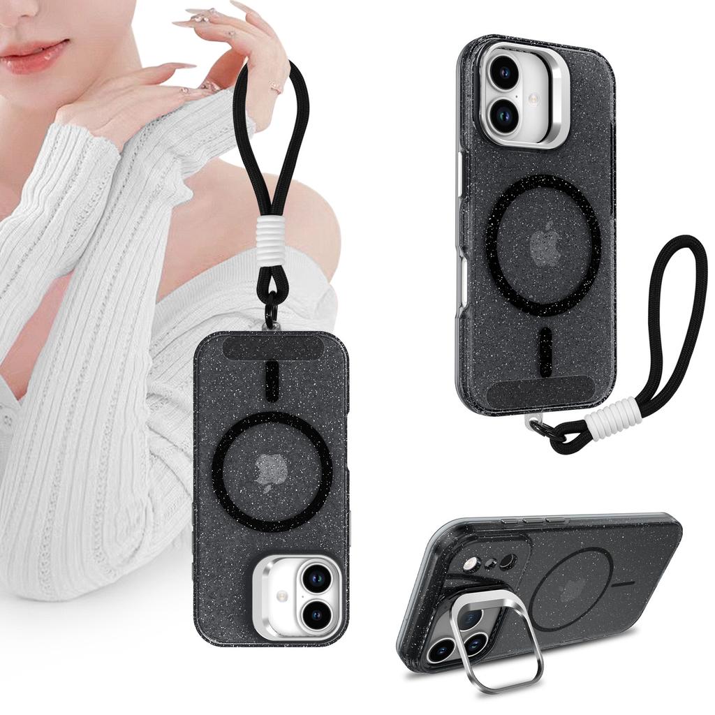 For IPhone 17 Glitter Phone Case PC Transparent Magnetic Bracket for Apple 15 Anti Drop Protective Case 13 with Hanging Rope