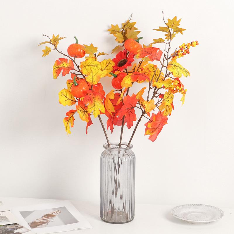 1PC Tree Branch DIY Fall Furnishings Thanksgiving Faux Pumpkin Berries Autumn Artificial Plant Realistic Maple Leaves Branches