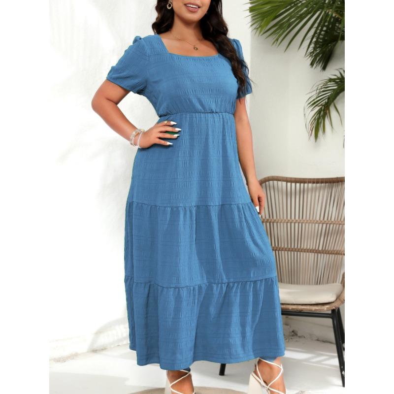 Bubble Sleeve Square Neck Back Drawstring Short Sleeve Pocket Dress