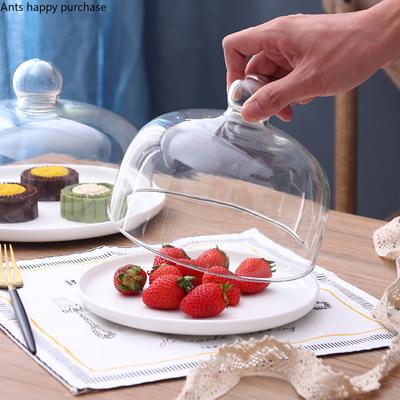 Ceramic Cake Pan Glass Cover Round Decorative Plate with Transparent Cover Display Stand Tray Cake Stand Snack Dessert Plate