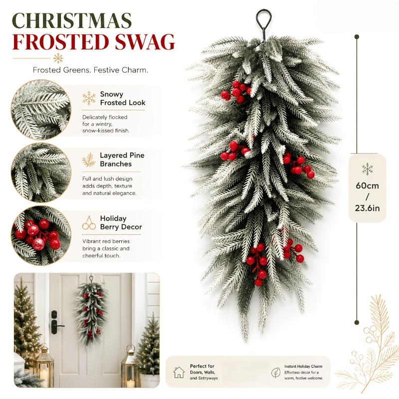Christmas Teardrop Swag Artificial Flocked Pine Hanging Garland With Red Berries For Xmas Front Door Wall Holiday Decor