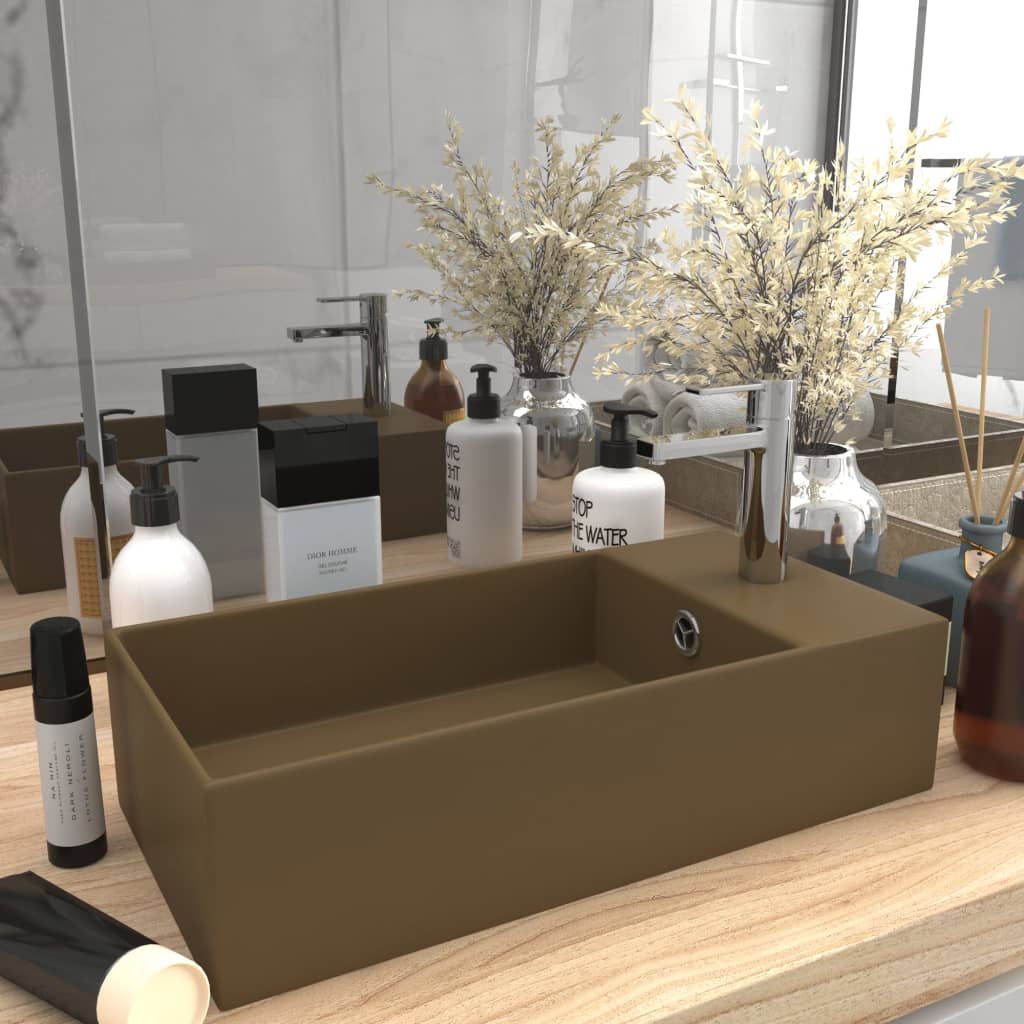 Bathroom Washbasin with Overflow Matte Cream Ceramic
