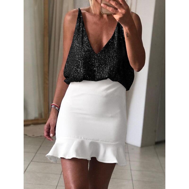 2023 Sommer Ermeløs Party Skjorte Mote Y2k V-hals Sexy Skinnende Topp Kvinner Ensfarget Camis Løs Streetwear Jente 25937