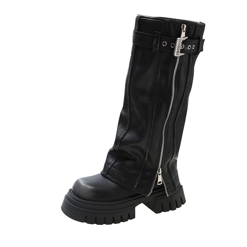 Platform Knee High Boots for Women's Punk Belt Buckle Square Toe Side Zipper Women Shoes Brown Tall Tube Retro Knight Boots