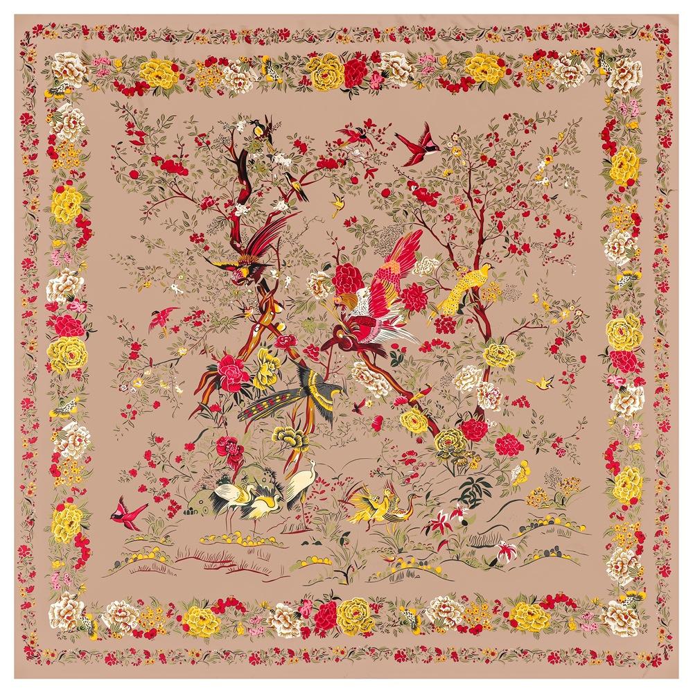 

130cm*130cm Luxury Bird Rose Flower Print Silk Scarf For Women Headband High Quality Large Square Scarves Female Twill Shawls 130x130cm