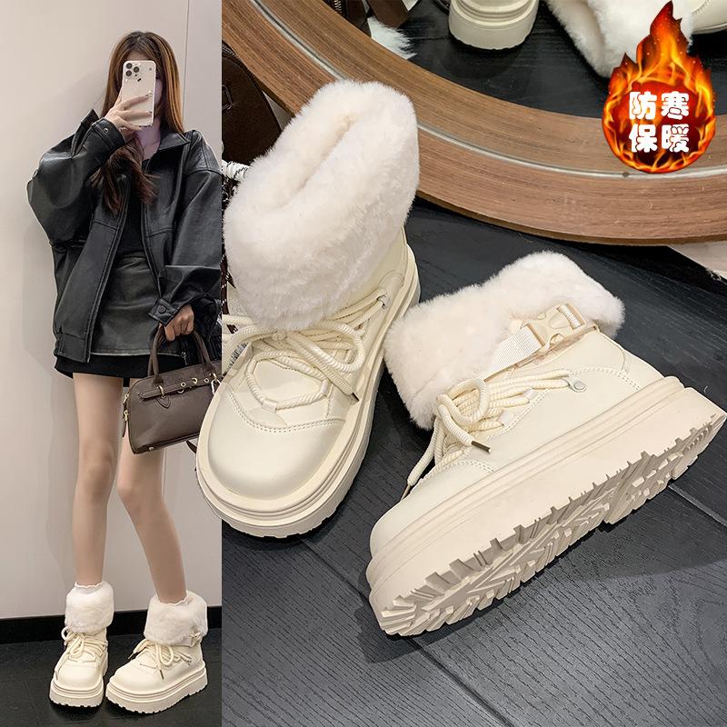 Thick-soled white snow boots women's boots 2025 new winter velvet thickened warm waterproof fashion cotton shoes short boots