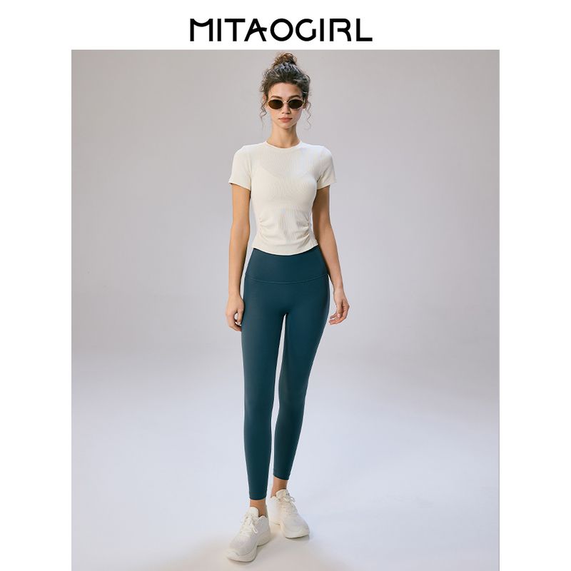 Mitaogirl Kendall Short Sleeve T-shirt Women Summer Slim Fit Slimming Shoulder Basic White T Running Fitness Yoga Clothes