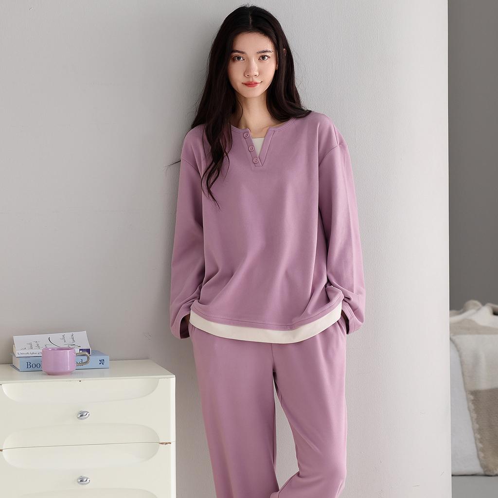 German Velvet Pajamas Women'S Autumn And Winter Thin Velvet Fake Two-Piece Simple Pullover Long-Sleeved Warm Loungewear Set