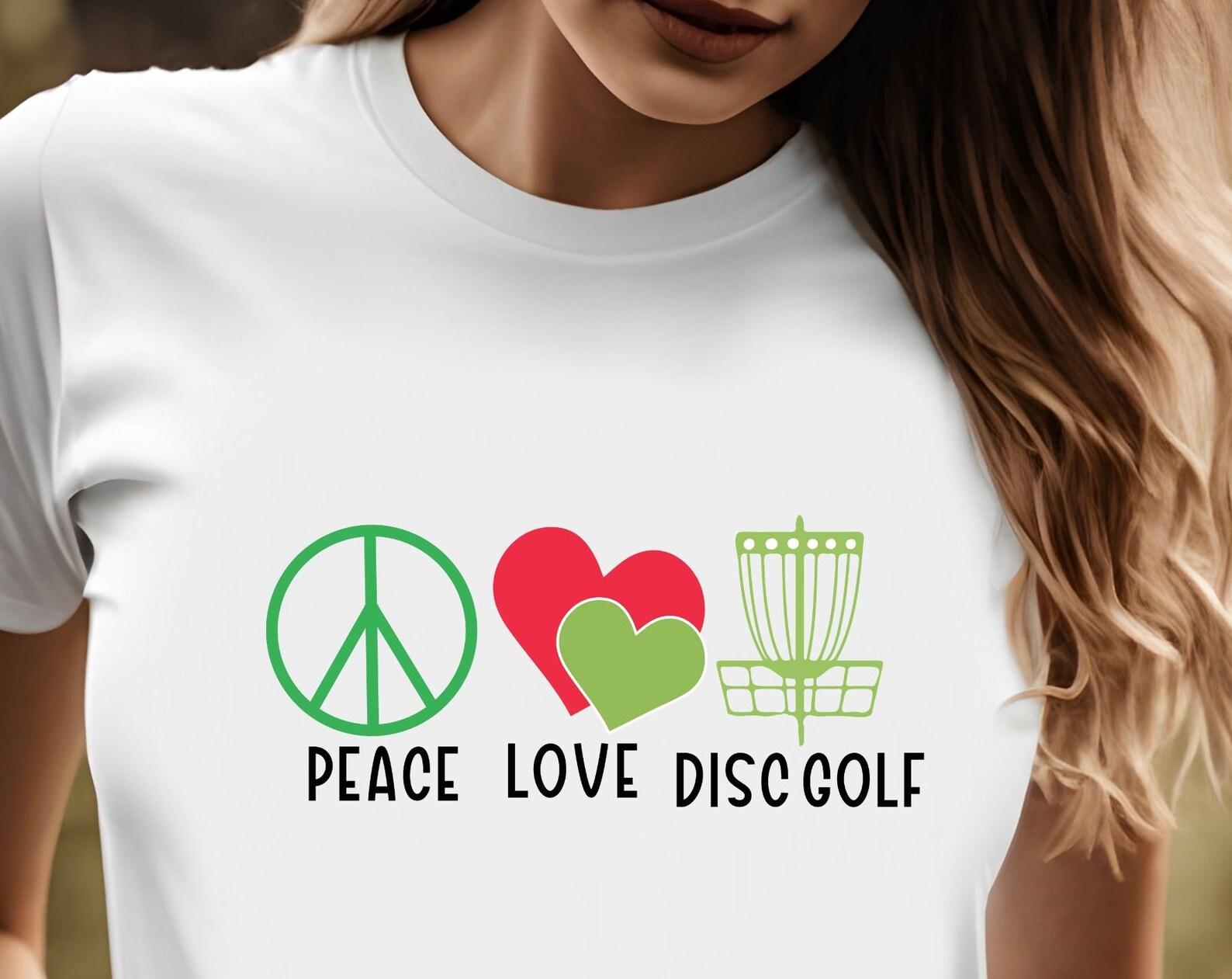 Peace Love Disc Golf tshirt, folf shirt, frisbee golf, folf golf L
