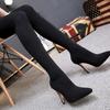 Fashion Sexy Stretch Fabric Thigh High Boots Womens High Heels Shoes Black Pointed Toe Over-the-Knee Boot  Pole Dancing Ladies Shoe