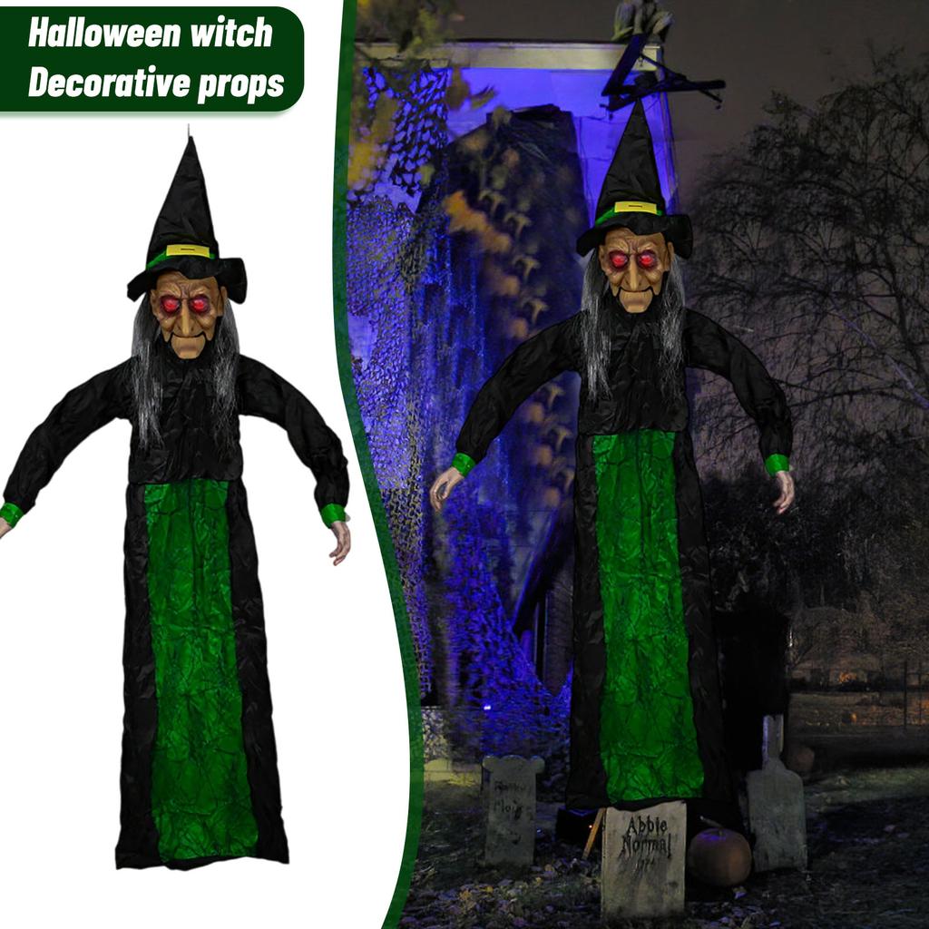 Horror Halloween Witch Hanging Electric Open Mouth Induction Light Sound Green Haunted House Witch Decoration